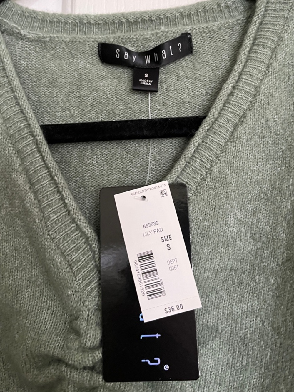 Say what? Olive Green Drawstring V-Neck Sweater - Women size small nwt - Picture 4 of 7